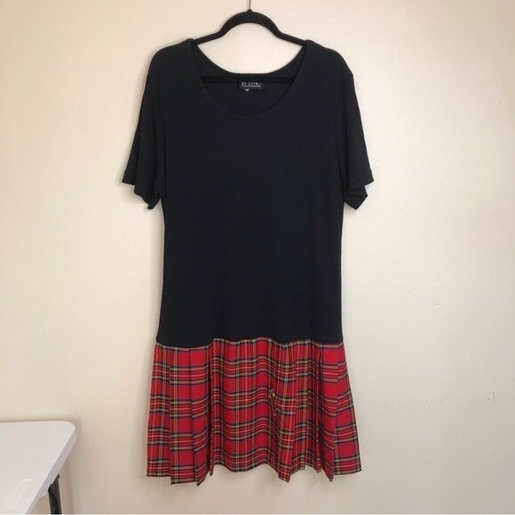 Vintage In Sync Black Ribbed Knit Drop Waist Red Tartan Plaid Dress Women's 24 - Picture 12 of 13
